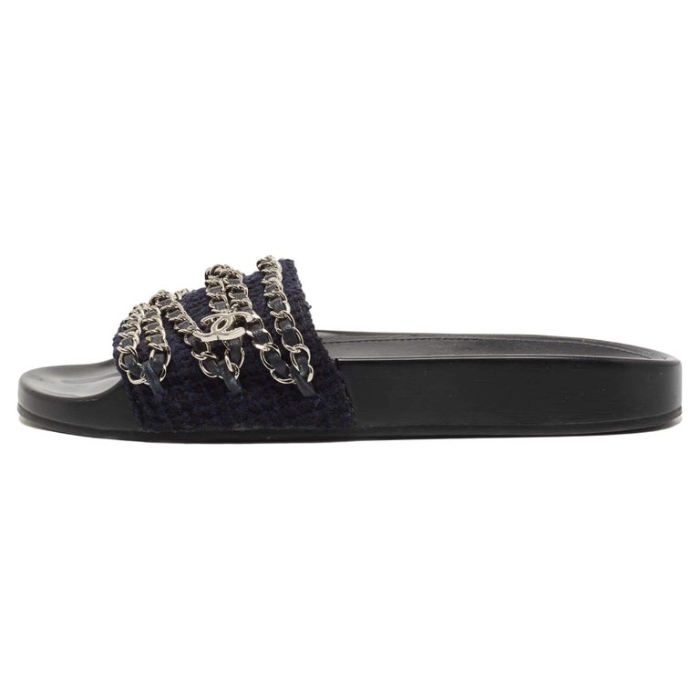 Chanel Black Leather Quilted Chain CC Logo Mule Slide Strap Flat