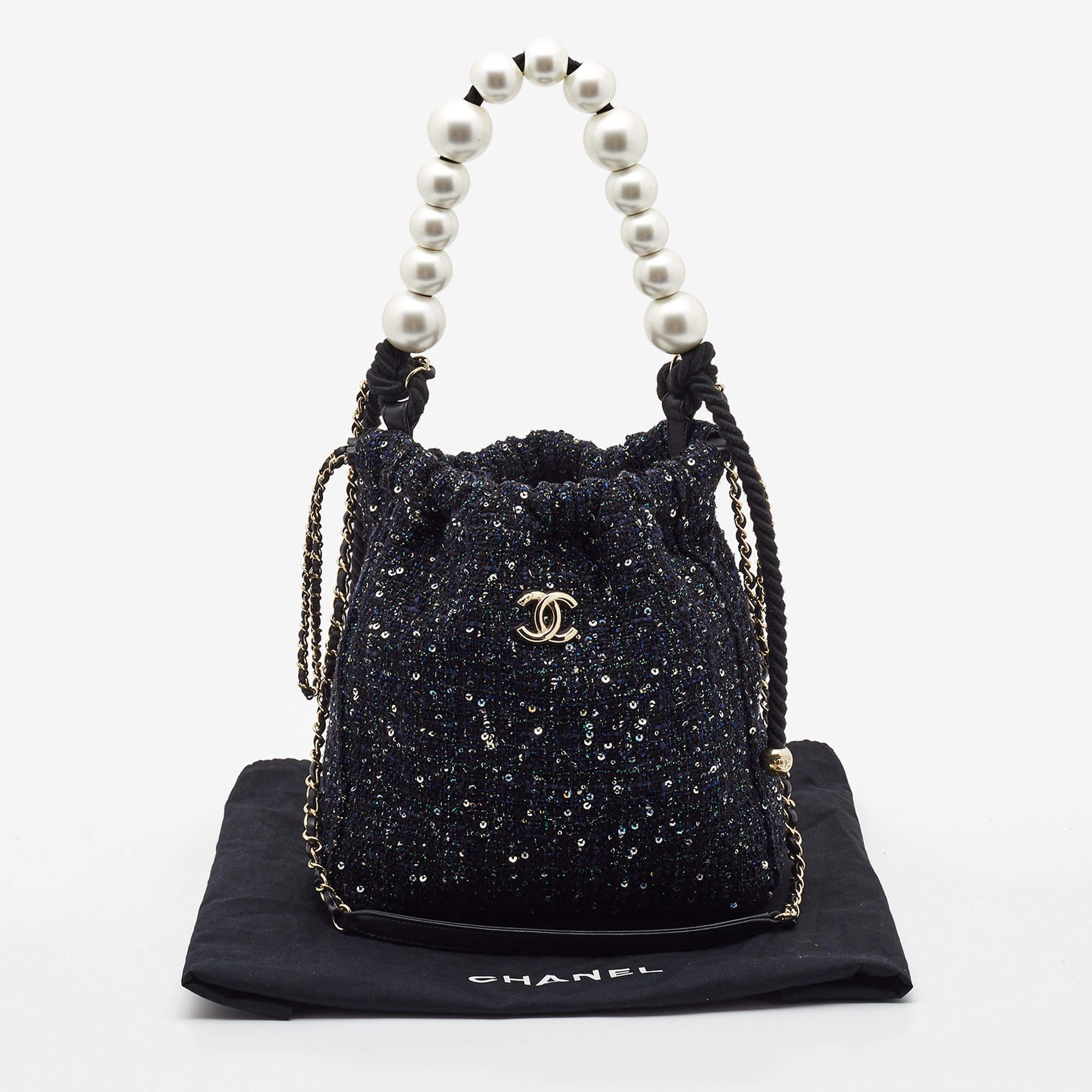 Chanel Blue Tweed and Sequins Pearl Drawstring Bag For Sale 11