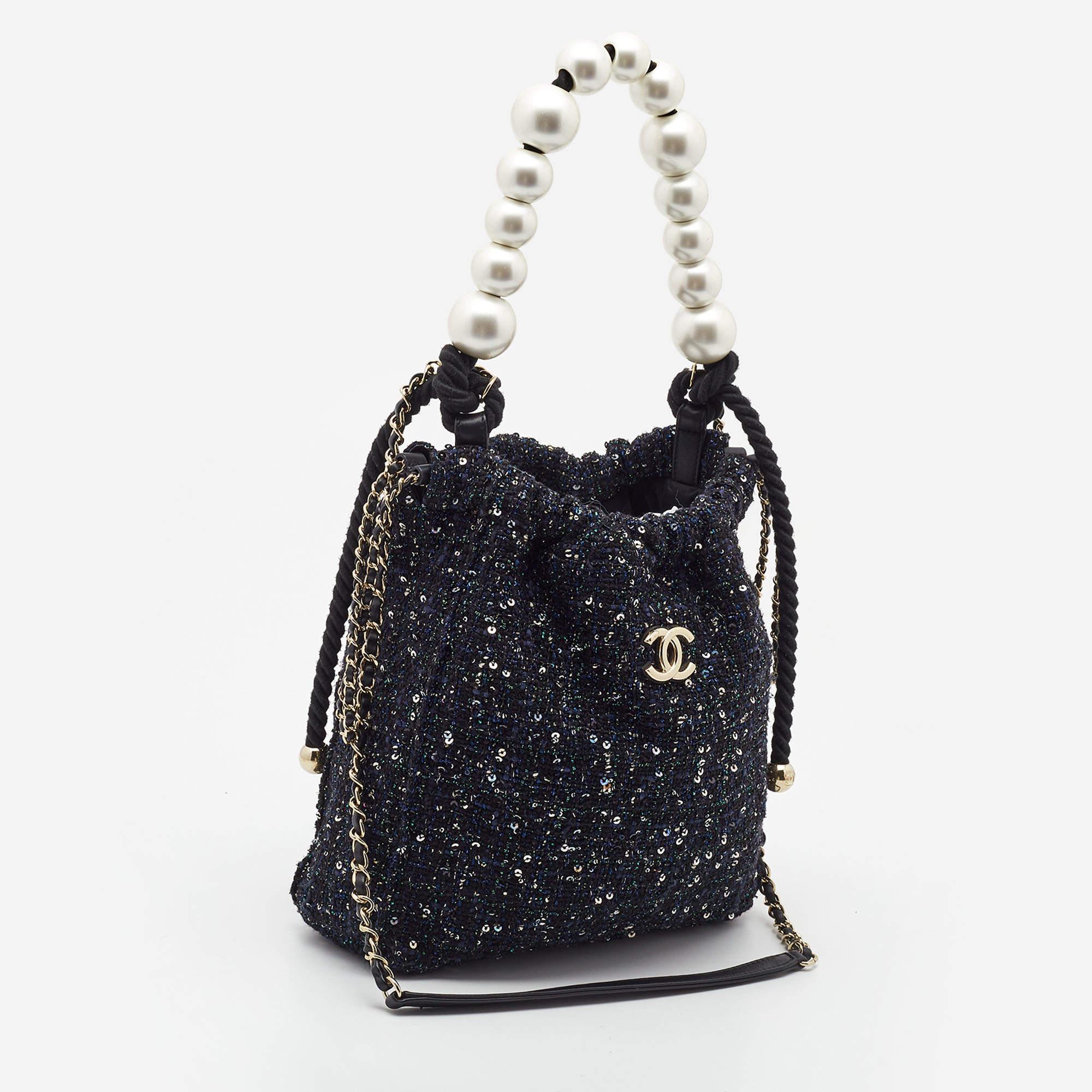 Women's Chanel Blue Tweed and Sequins Pearl Drawstring Bag