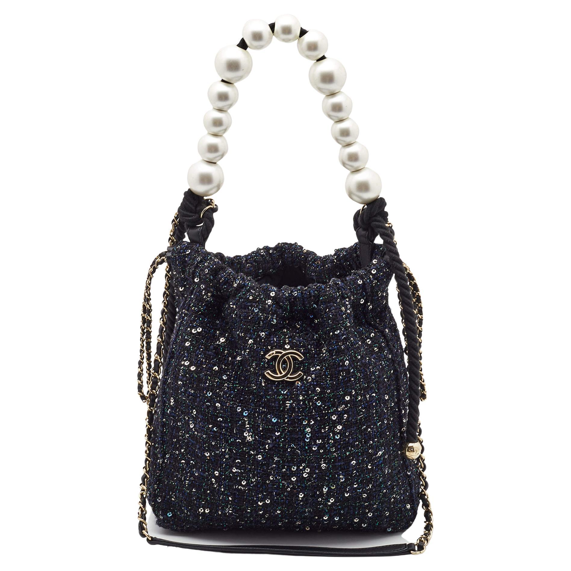 Chanel Blue Tweed and Sequins Pearl Drawstring Bag For Sale
