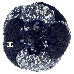 CHANEL Blue Tweed Camellia Brooch