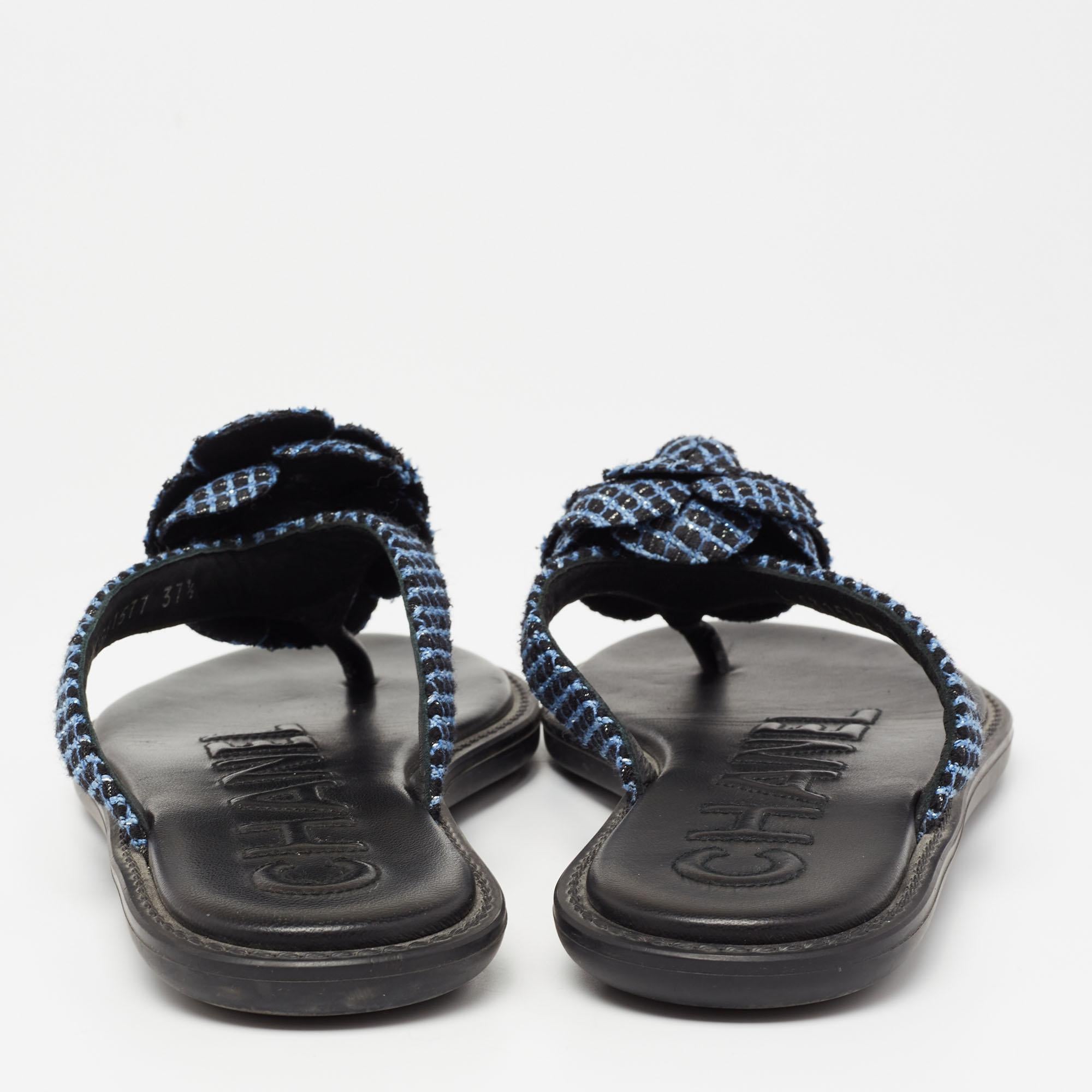 Black Chanel Blue Tweed Camellia Thong Flat Sandals Size 37.5