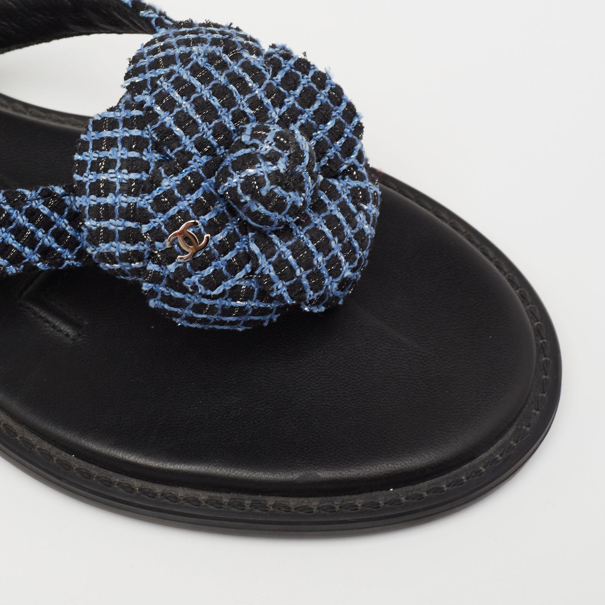 Chanel Blue Tweed Camellia Thong Flat Sandals Size 37.5 1