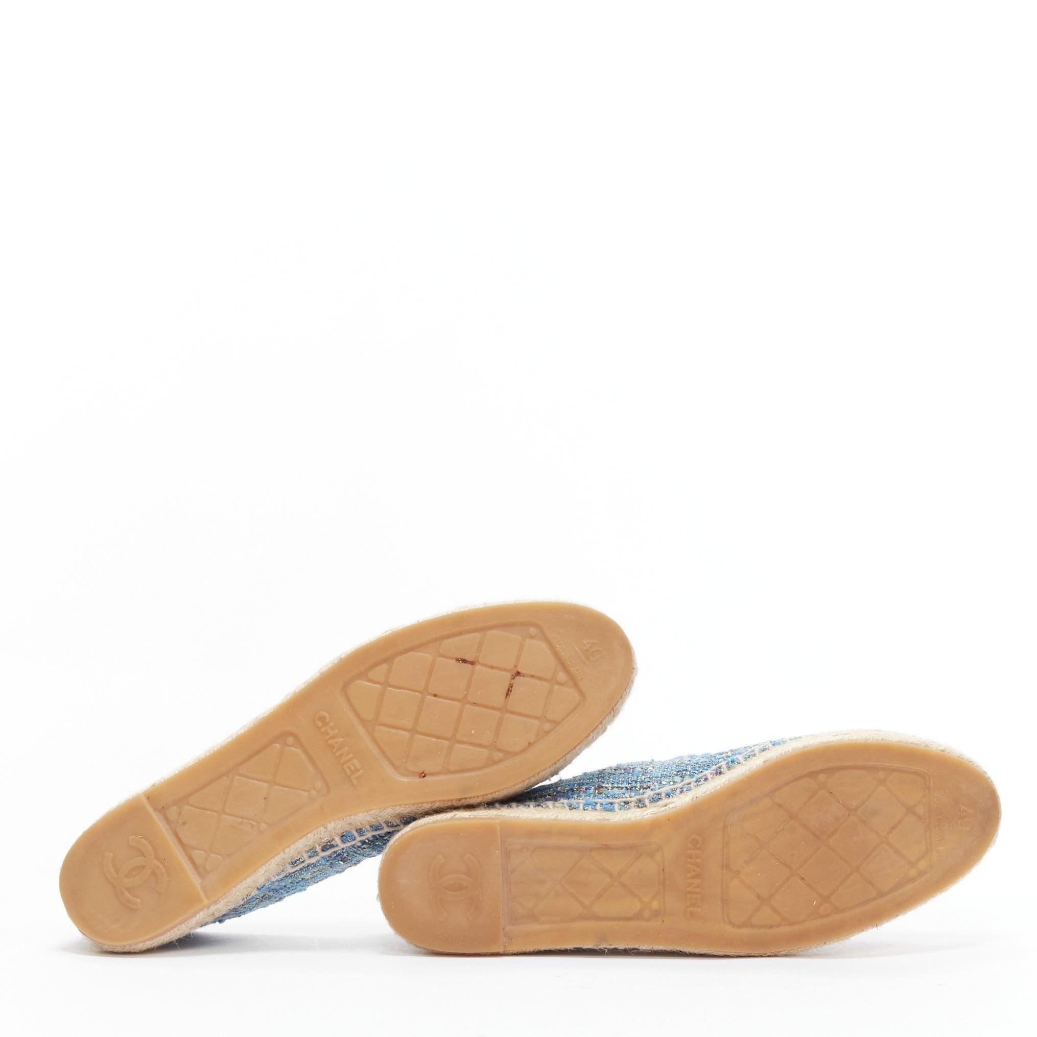 CHANEL blue tweed CC logo leather toe cap espadrille shoes EU40 5