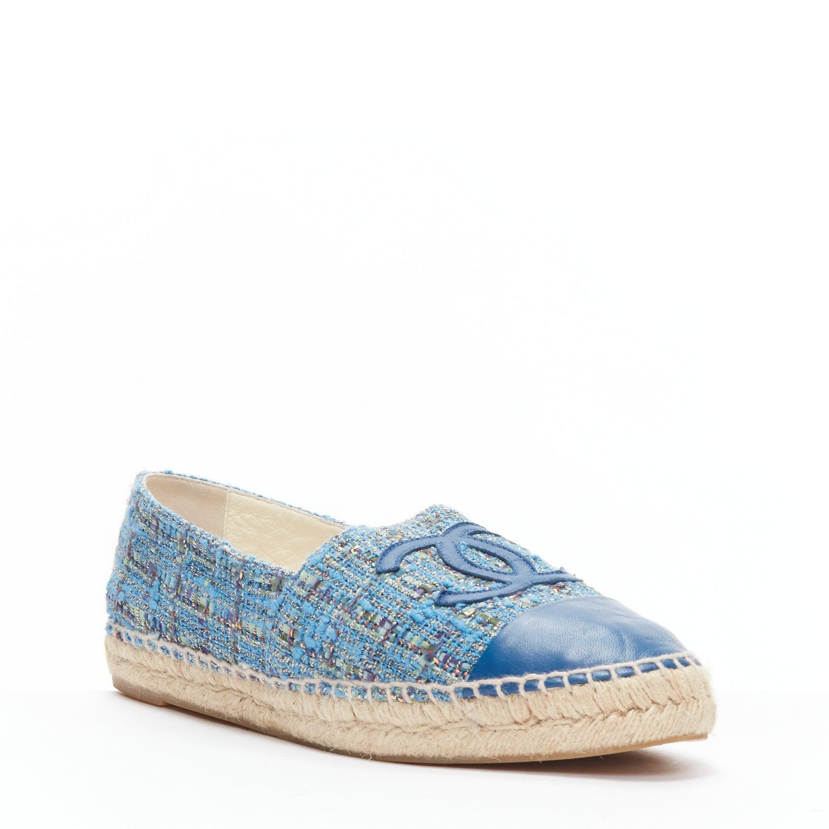 Gray CHANEL blue tweed CC logo leather toe cap espadrille shoes EU40 For Sale