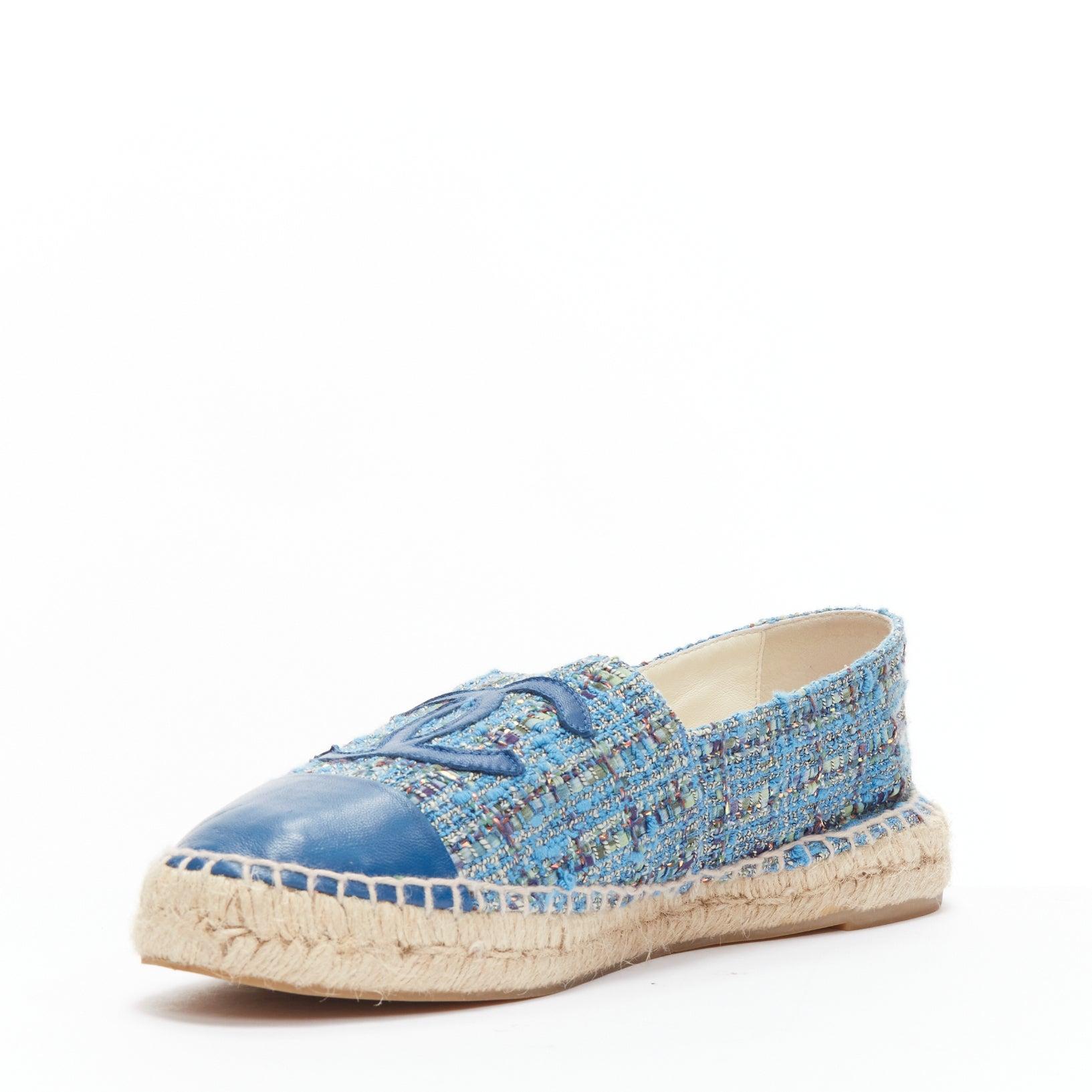 CHANEL blue tweed CC logo leather toe cap espadrille shoes EU40 In Good Condition For Sale In Hong Kong, NT