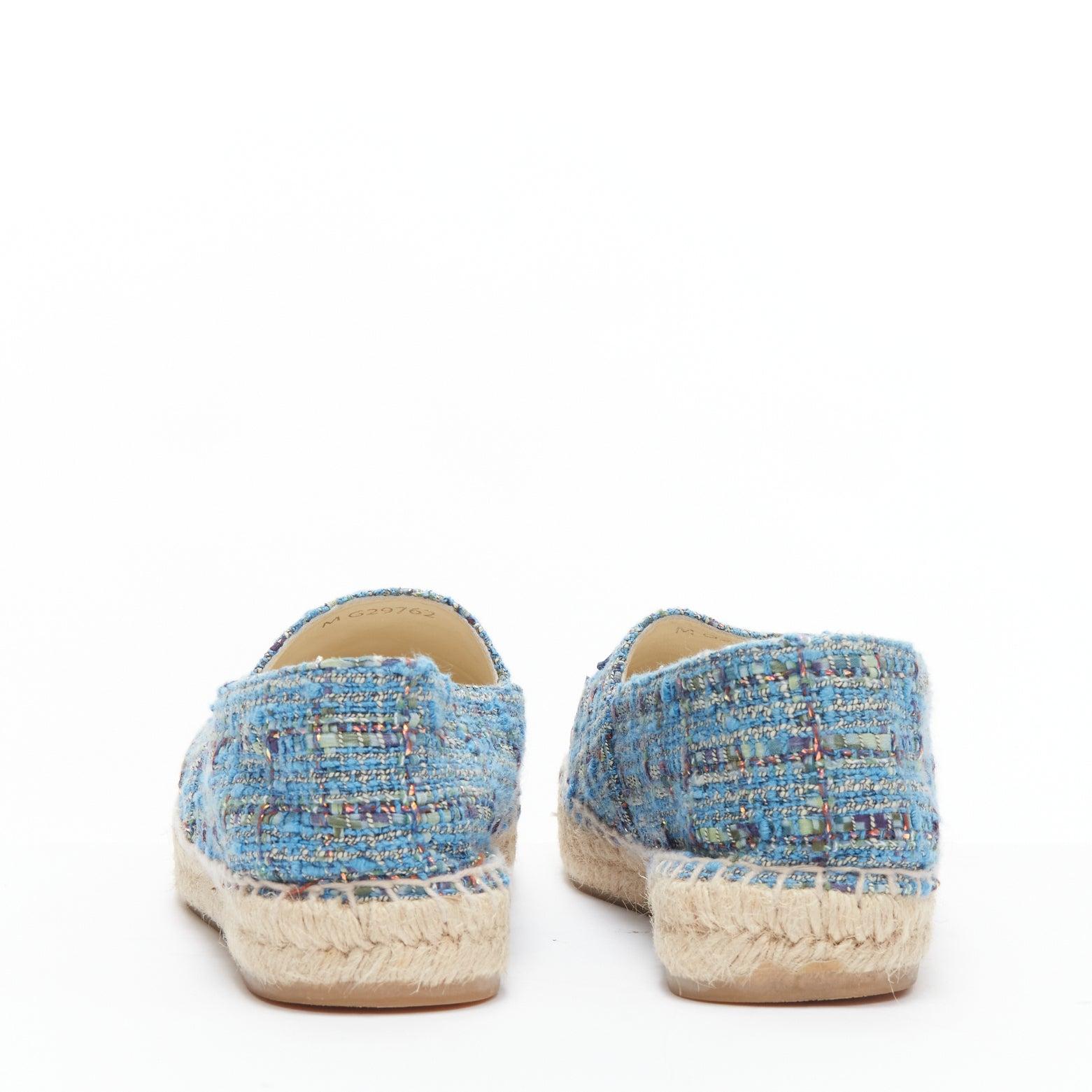 Women's CHANEL blue tweed CC logo leather toe cap espadrille shoes EU40 For Sale