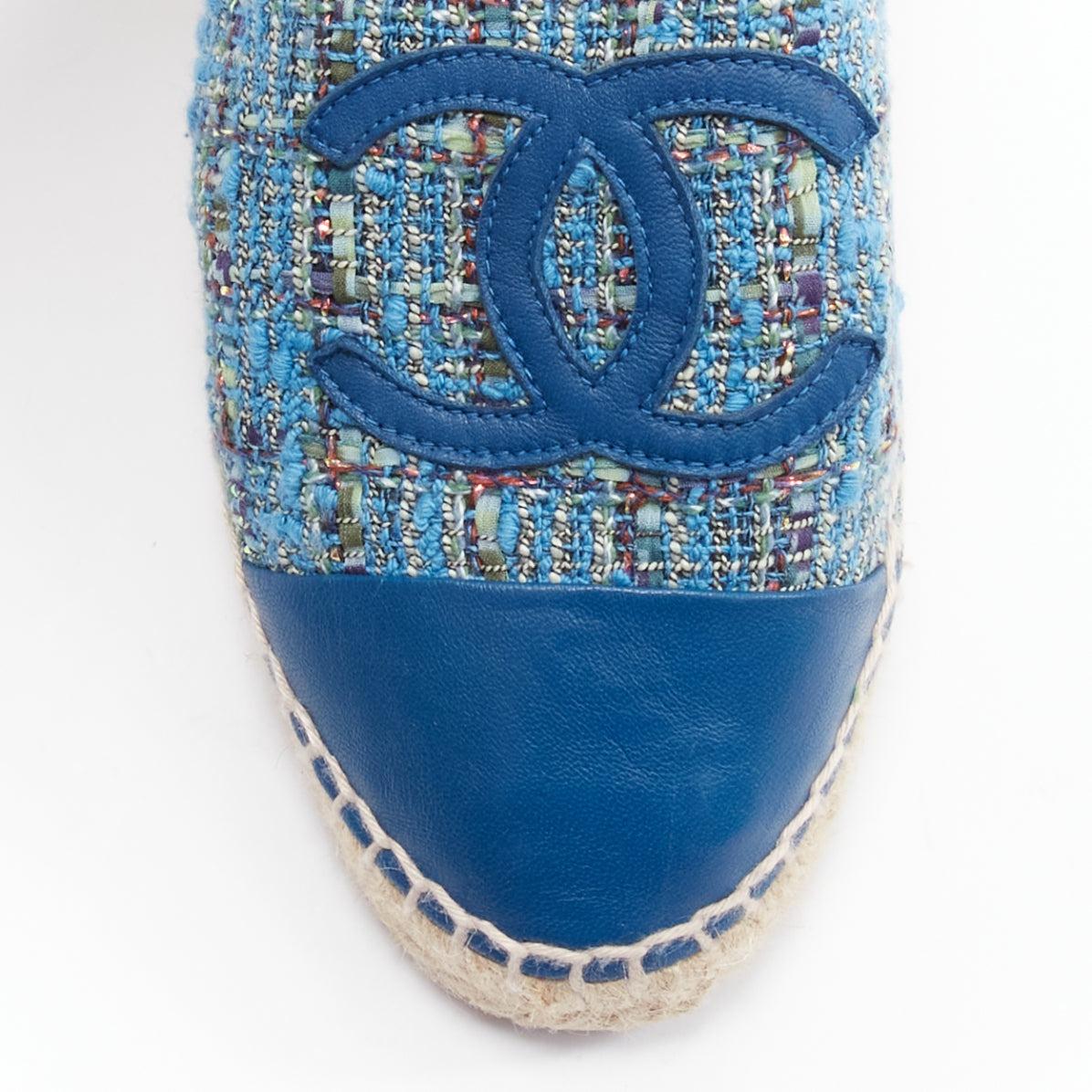 Women's CHANEL blue tweed CC logo leather toe cap espadrille shoes EU40