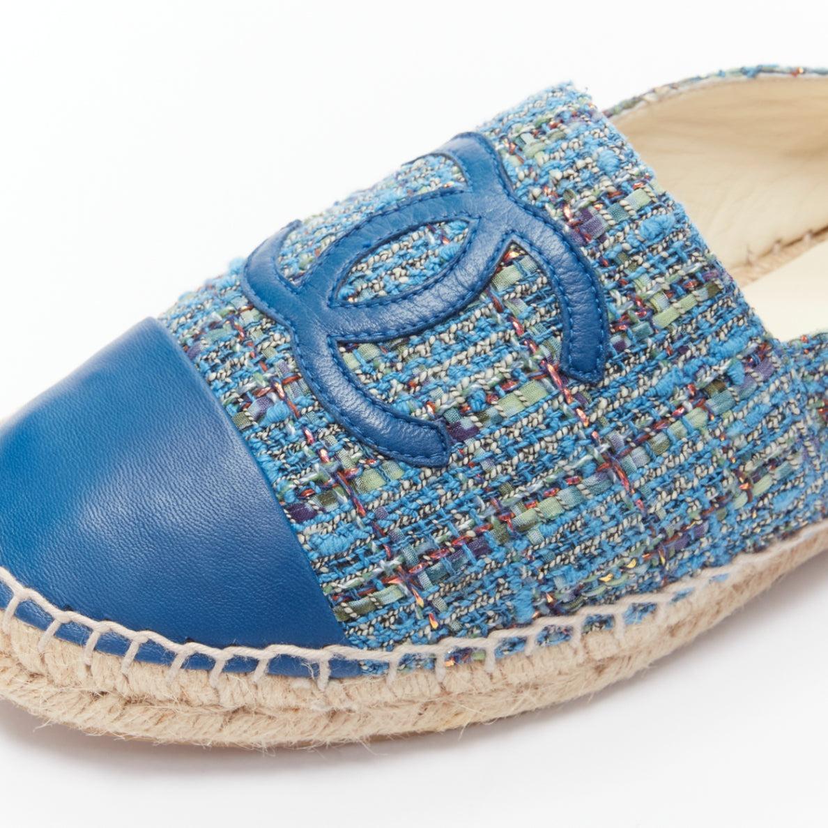 CHANEL blue tweed CC logo leather toe cap espadrille shoes EU40 1