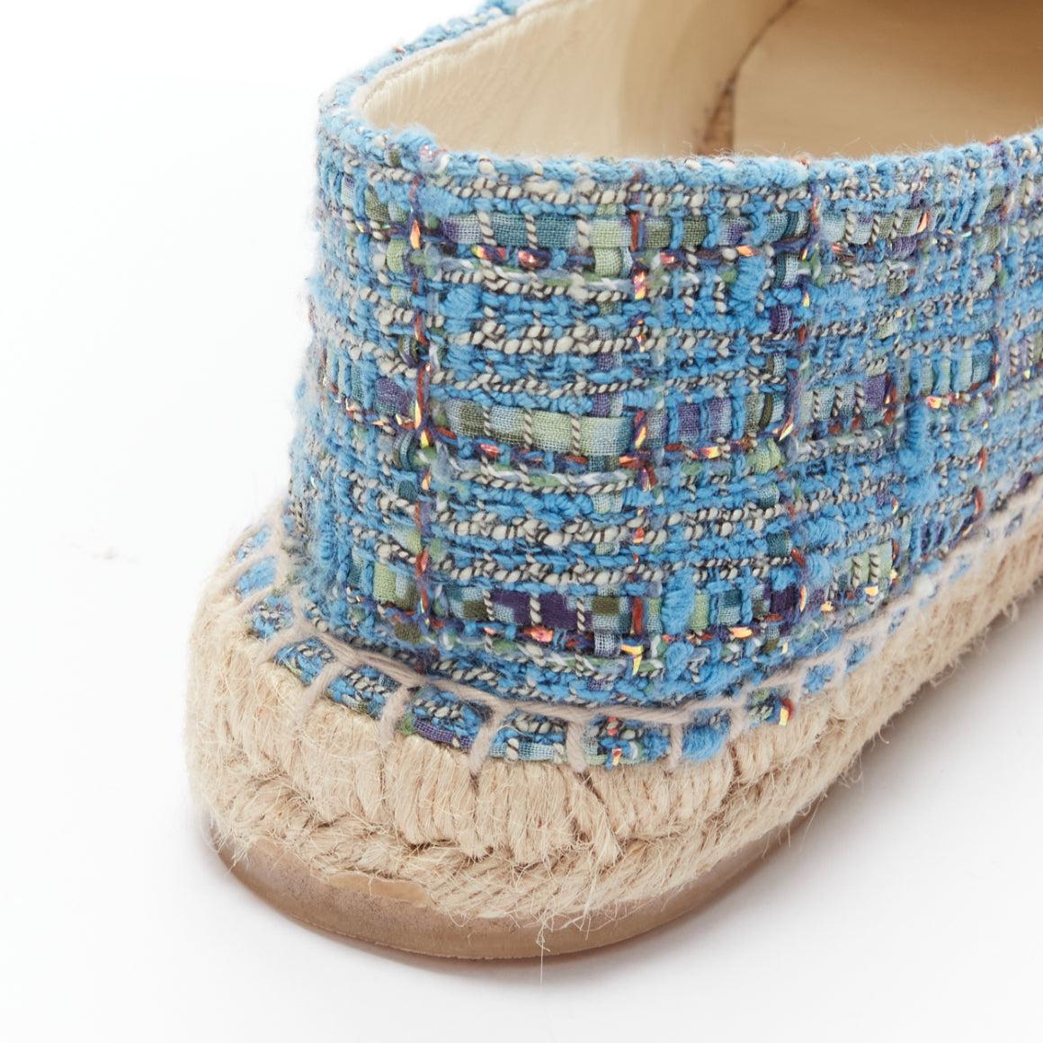 CHANEL blue tweed CC logo leather toe cap espadrille shoes EU40 For Sale 3