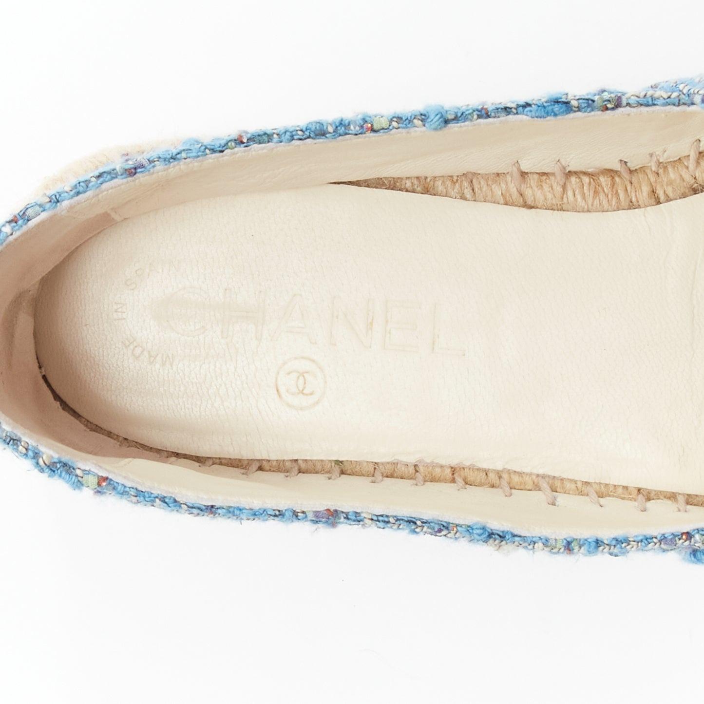 CHANEL blue tweed CC logo leather toe cap espadrille shoes EU40 3