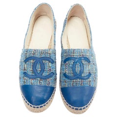 CHANEL blue tweed CC logo leather toe cap espadrille shoes EU40