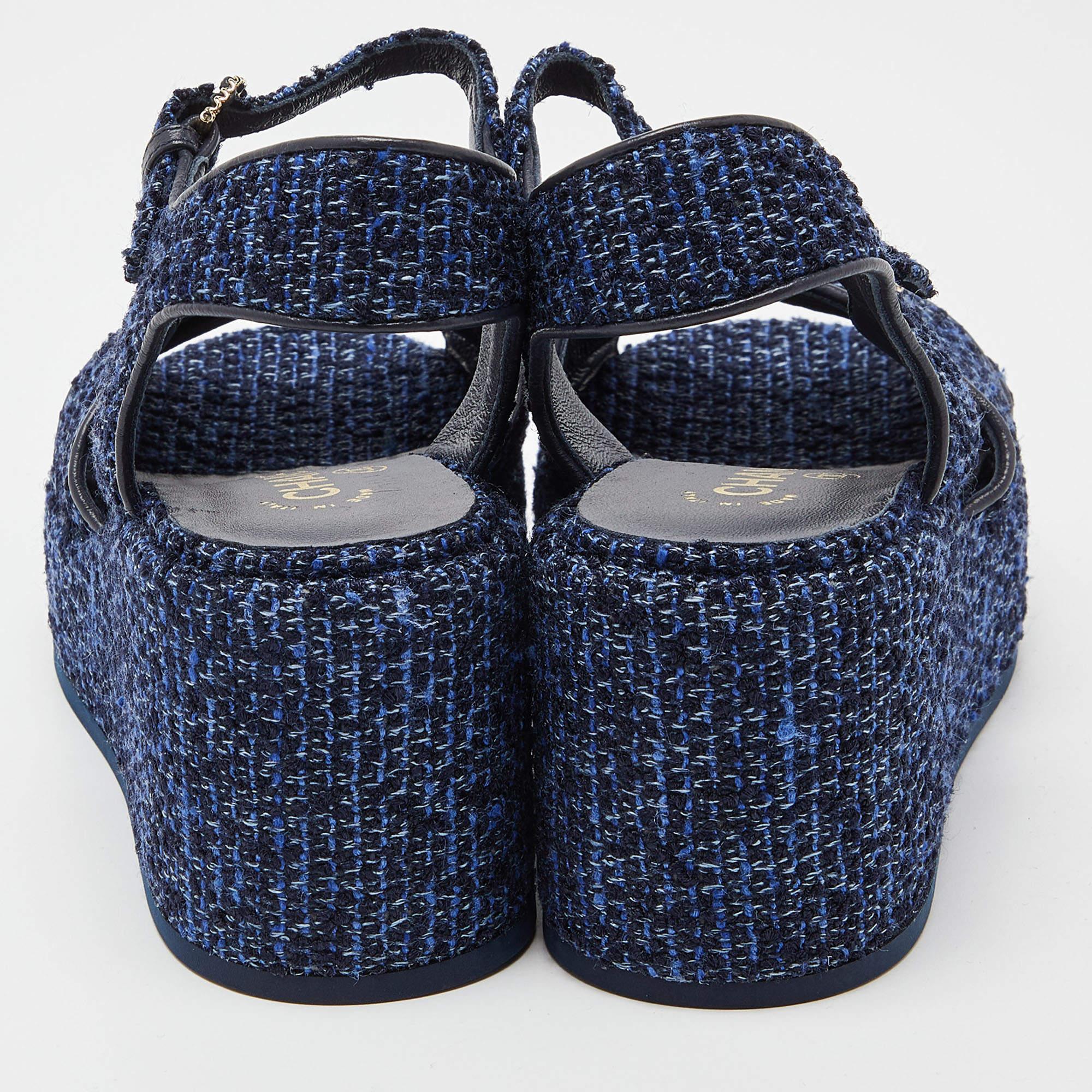 Women's Chanel Blue Tweed Criss Cross CC Platform Sandals