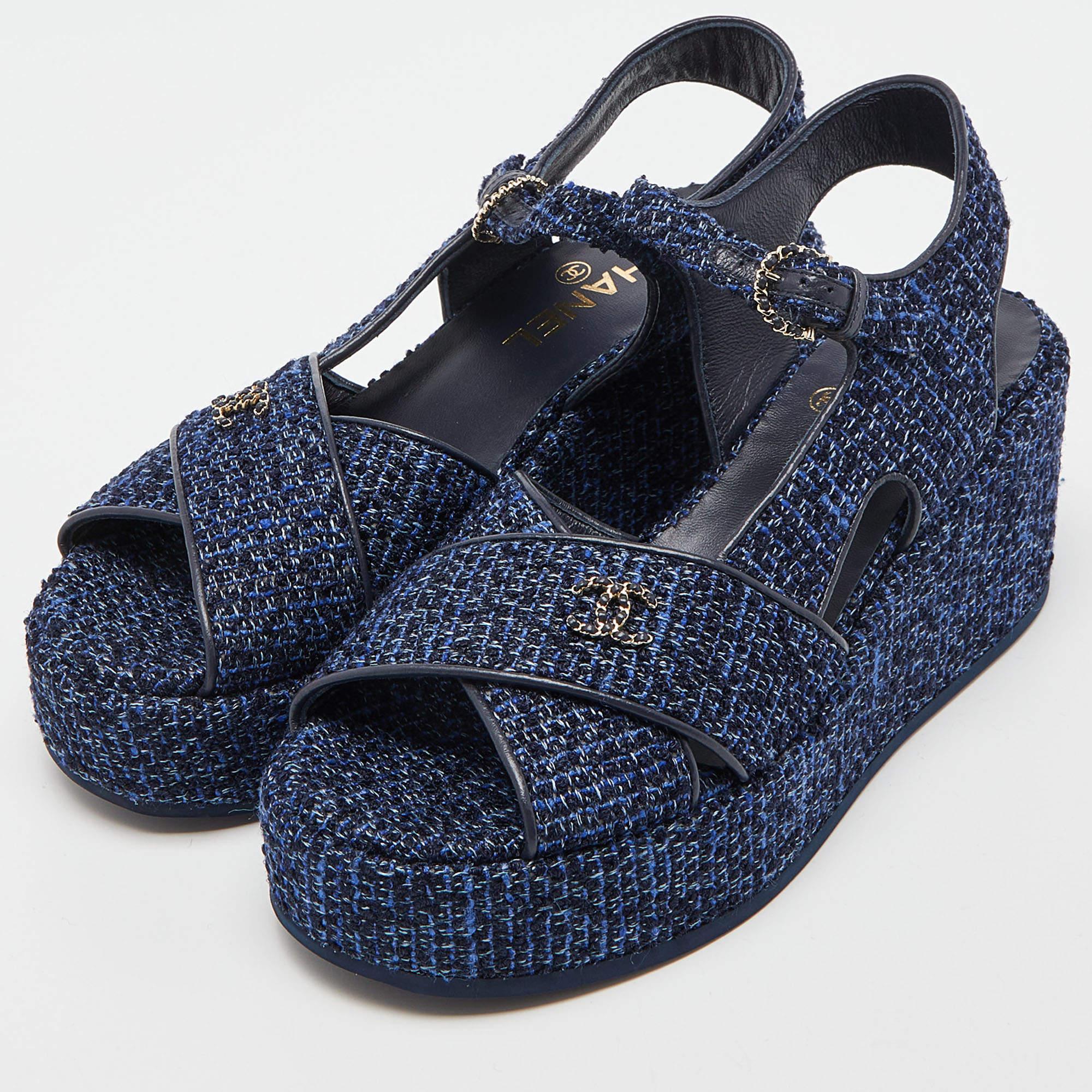 Chanel Blue Tweed Criss Cross CC Platform Sandals 1