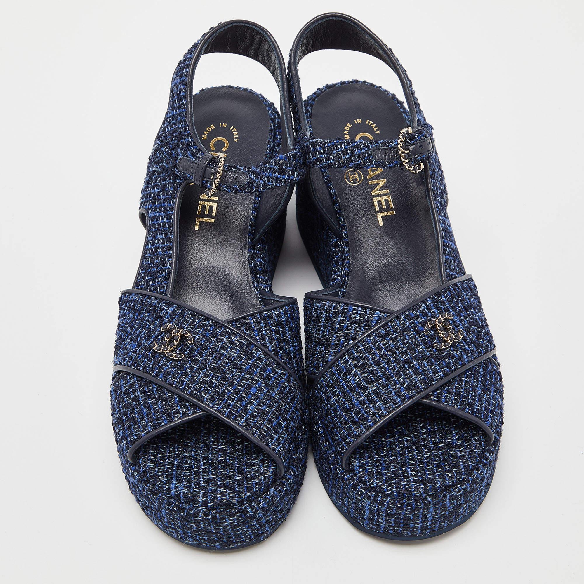 Chanel Blue Tweed Criss Cross CC Platform Sandals 2