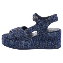 Chanel Blue Tweed Criss Cross CC Platform Sandals