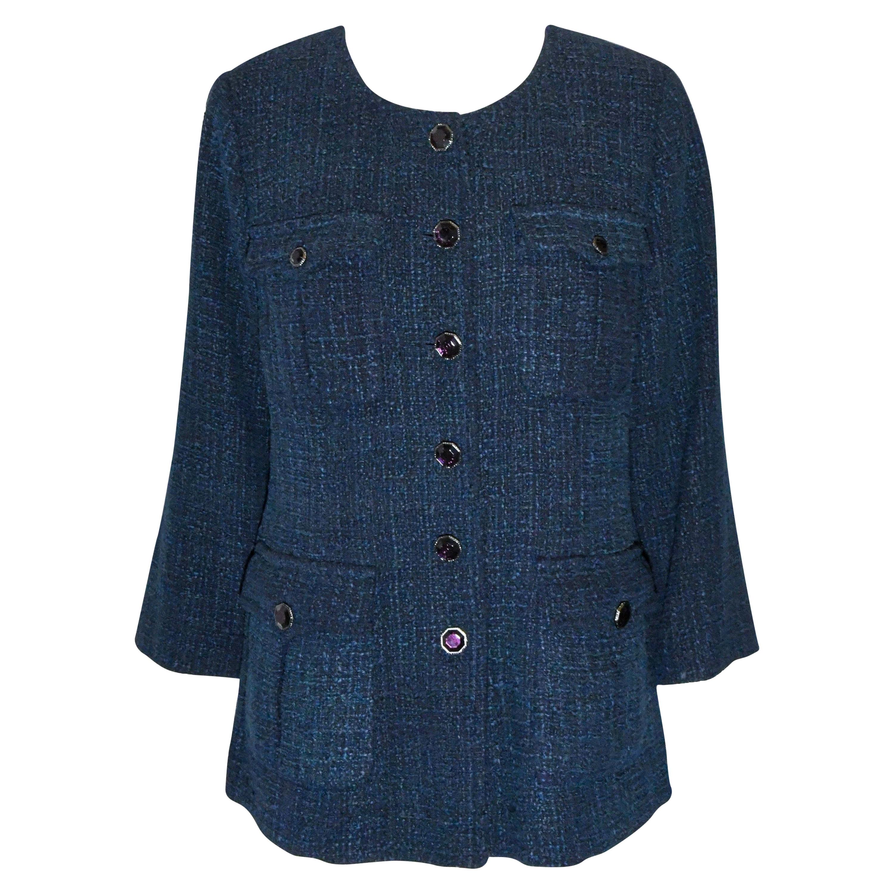 Chanel Blue Tweed Jacket With Four Front Flap Pockets 50 EU at 1stDibs