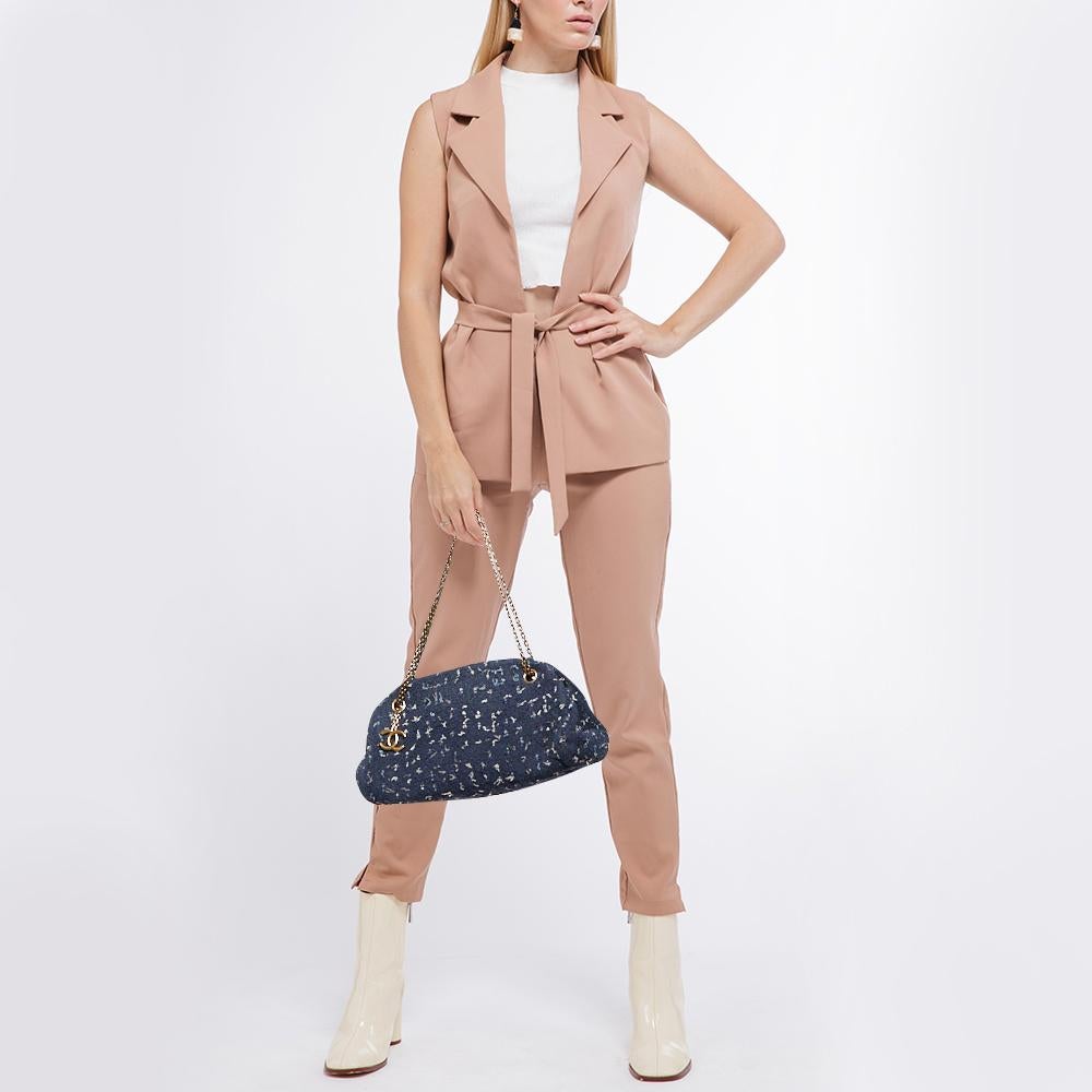 Chanel Blue Tweed Just Mademoiselle Bowler Bag In Good Condition In Dubai, Al Qouz 2