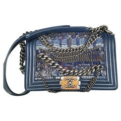 Chanel Blue Tweed Leather Enchained Medium Boy Shouder Bag