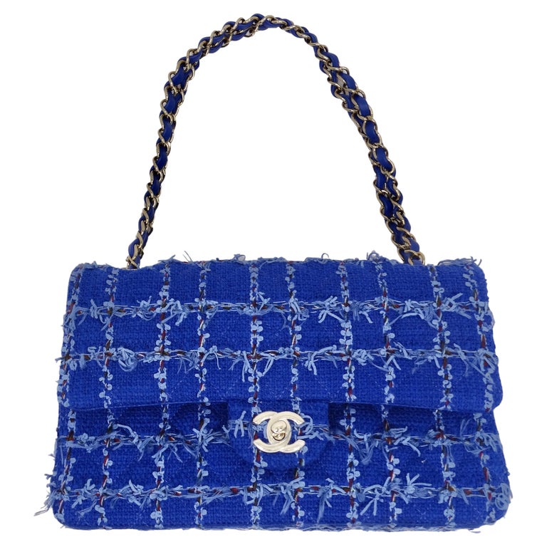 Chanel Blue Tweed Quilted Small Classic Flap Bag For Sale at 1stDibs