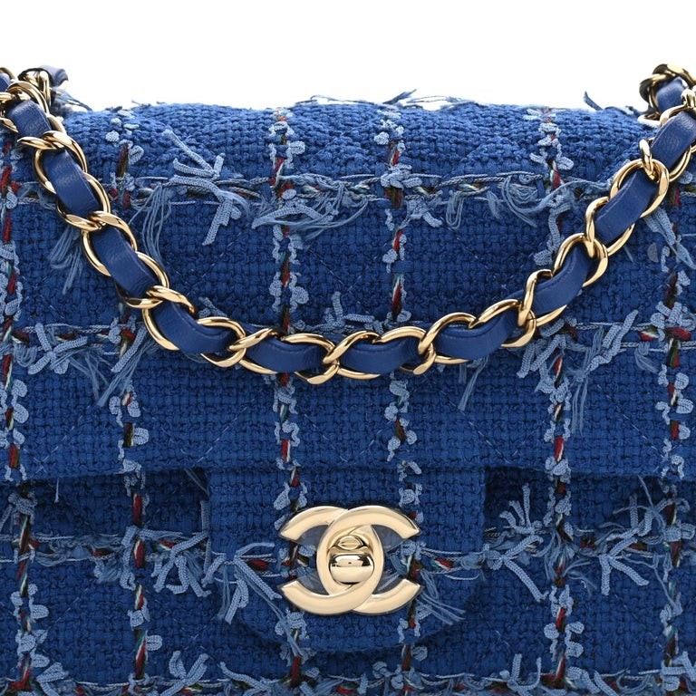 Tweed, Braid & Silver-Tone Metal Blue & White Mini Flap Bag, CHANEL