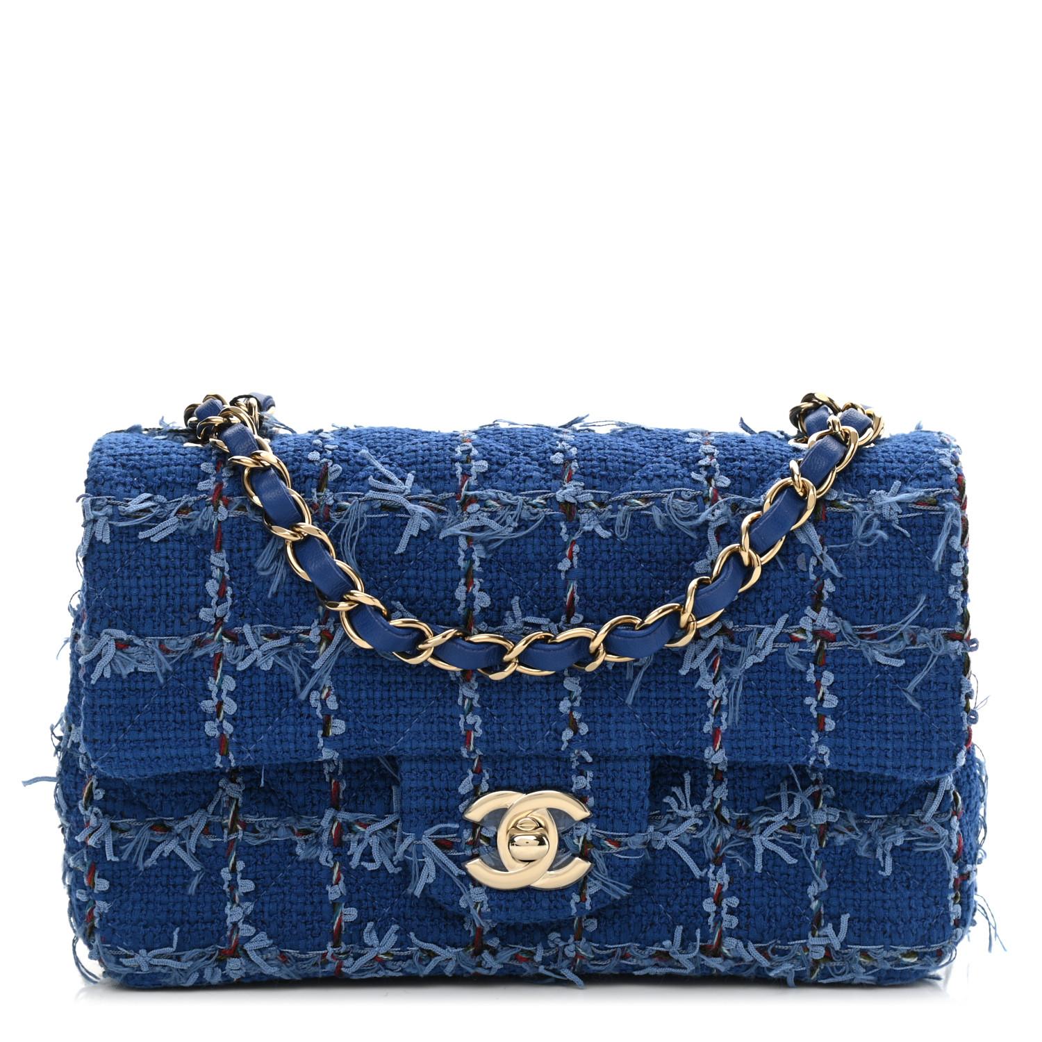 Chanel Blue Tweed Quilted Small Mini Classic Flap Bag In New Condition For Sale In Miami, FL