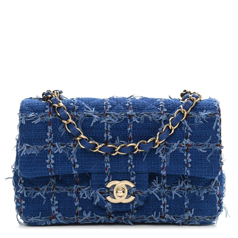 Chanel Blue Tweed Quilted Small Mini Classic Flap Bag For Sale at