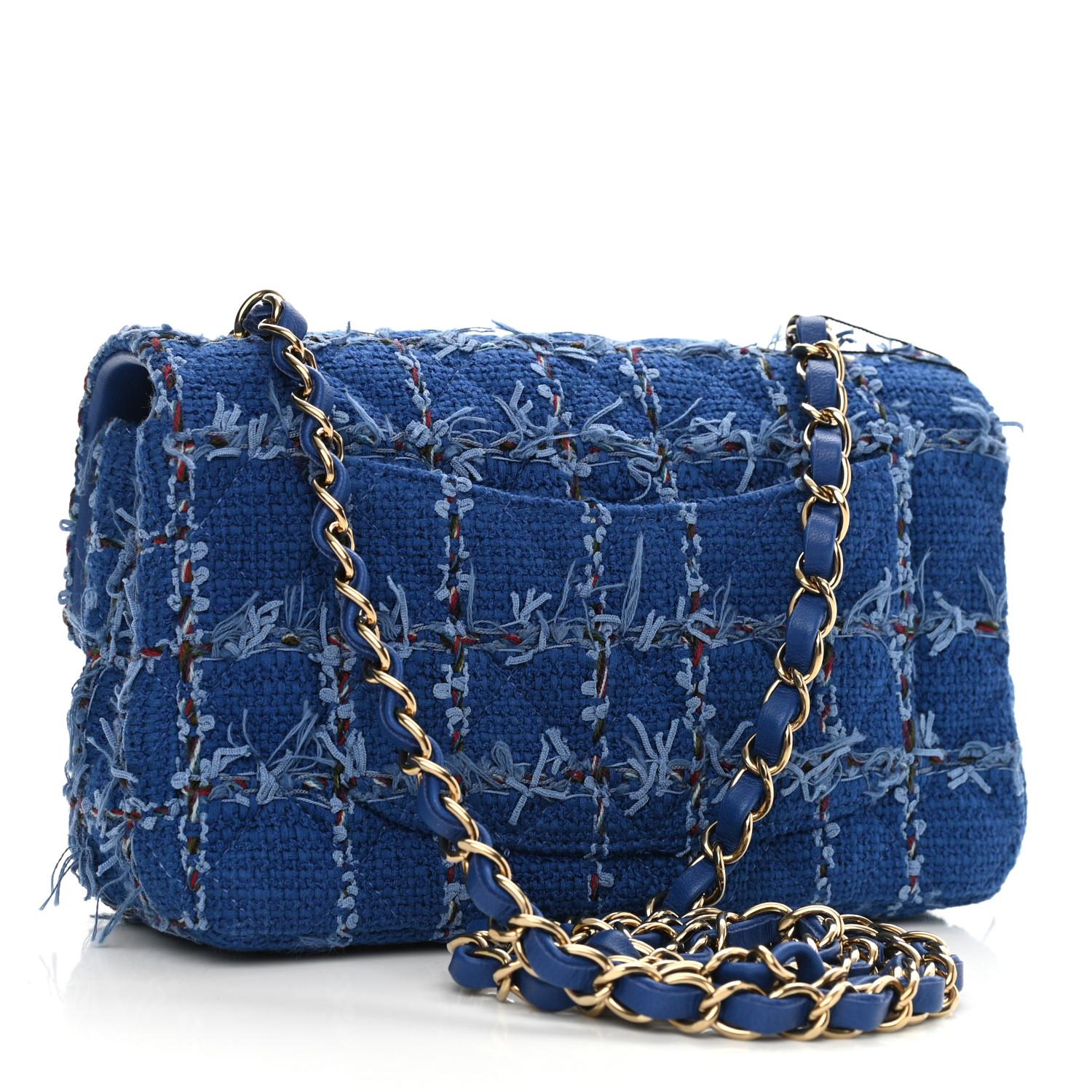 Women's Chanel Blue Tweed Quilted Small Mini Classic Flap Bag For Sale