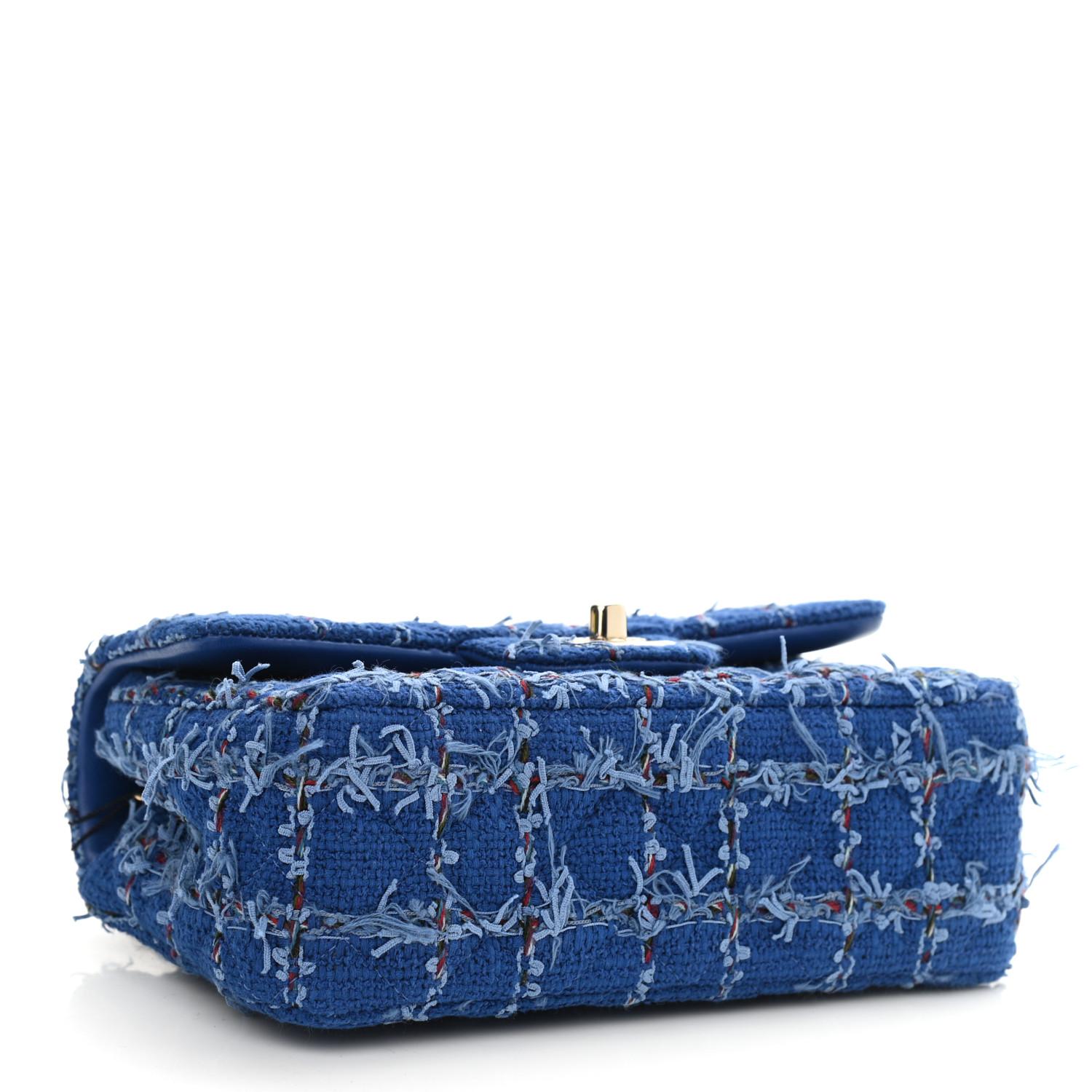 Chanel Blue Tweed Quilted Small Mini Classic Flap Bag For Sale 2