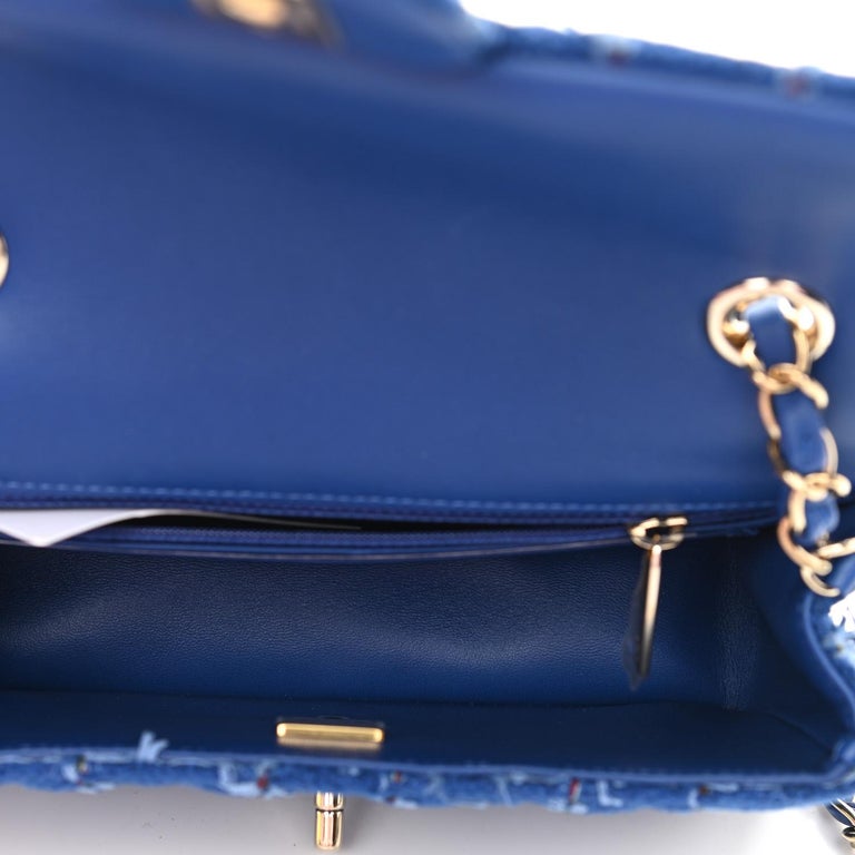 Chanel Blue Tweed Quilted Small Mini Classic Flap Bag For Sale at 1stDibs