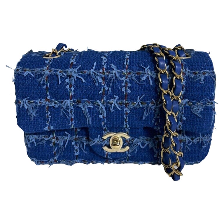 Chanel Blue Tweed Quilted Small Mini Classic Flap Bag For Sale at 1stDibs