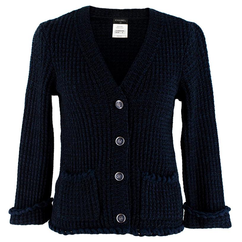 Chanel Blue Tweed Ruffled Button Down Cardigan - Size US 0-2 For Sale