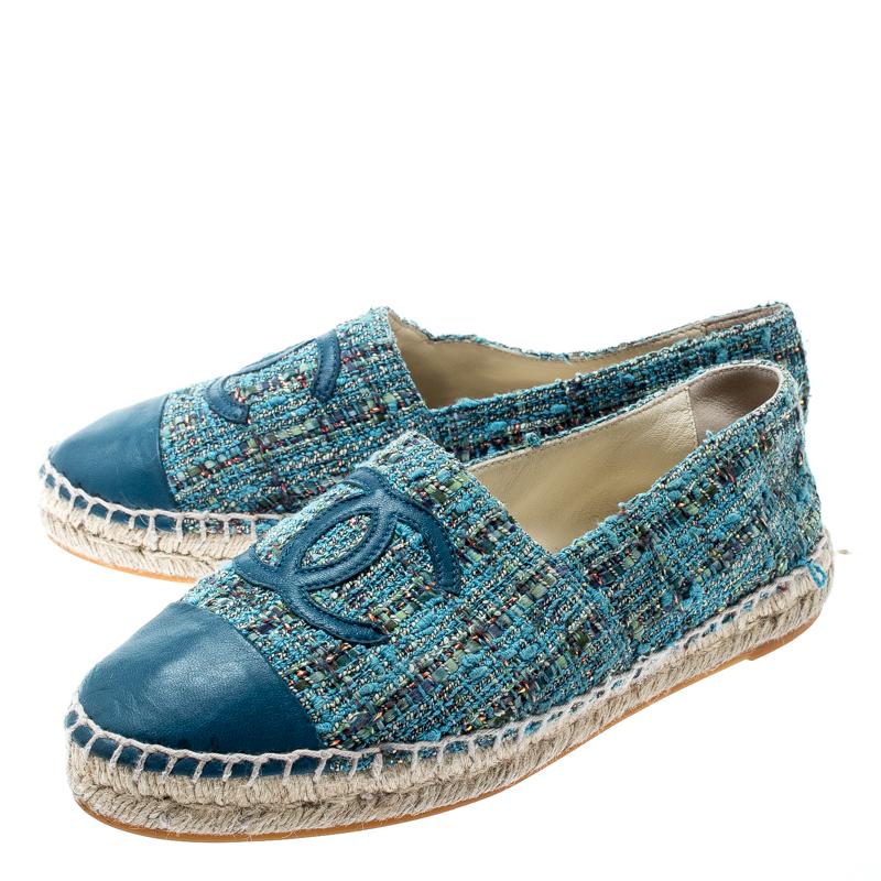 Chanel Blue Tweed With CC Leather Cap Toe Espadrilles Size 37 1