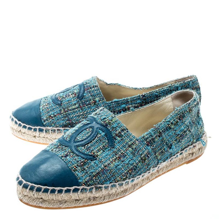 Chanel Blue Tweed With CC Leather Cap Toe Espadrilles Size 37 For Sale ...