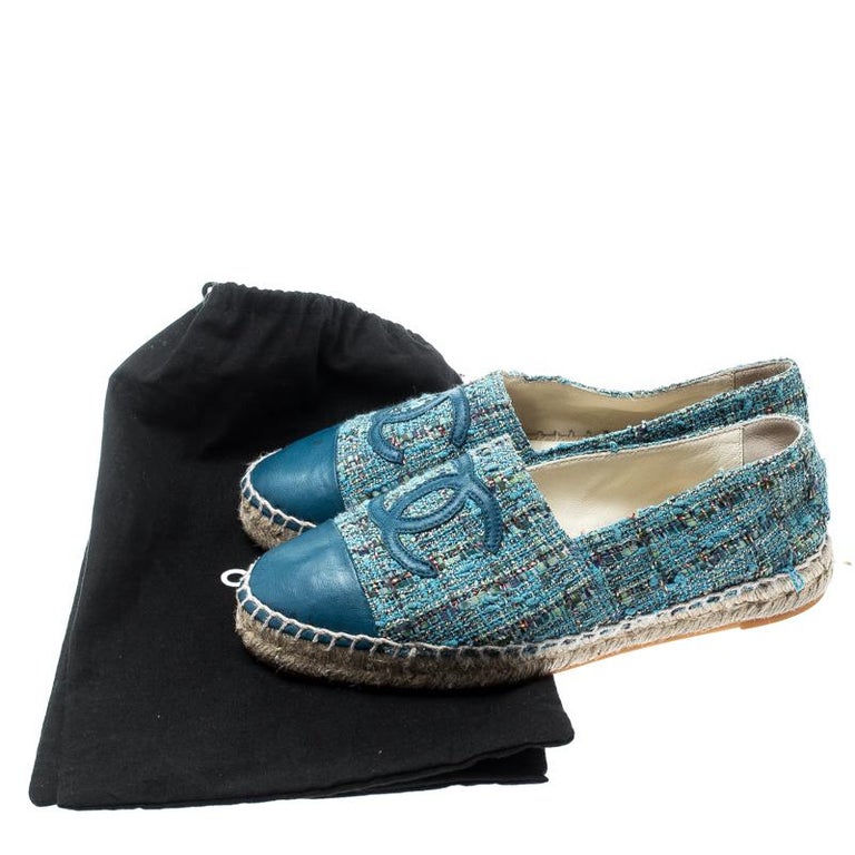 Chanel Blue Tweed With CC Leather Cap Toe Espadrilles Size 37 For Sale at 1stDibs