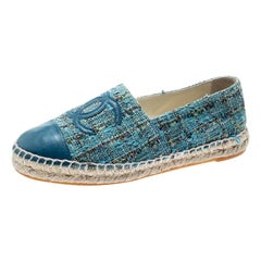 Chanel Blue Tweed With CC Leather Cap Toe Espadrilles Size 37