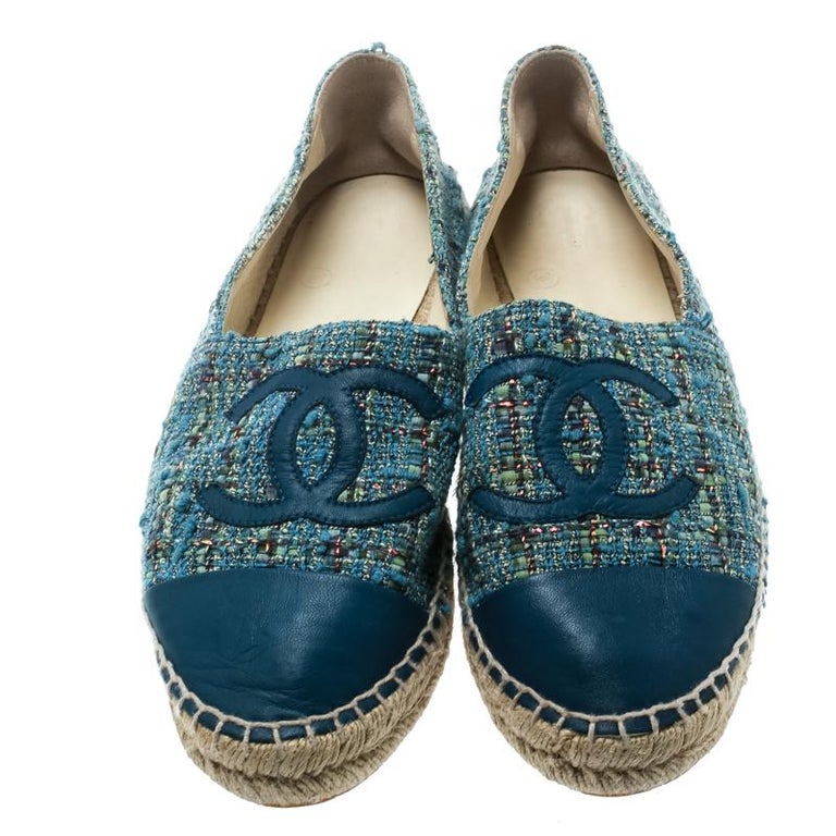 Chanel Blue Tweed With CC Leather Cap Toe Espadrilles Size 38 For Sale at 1stDibs