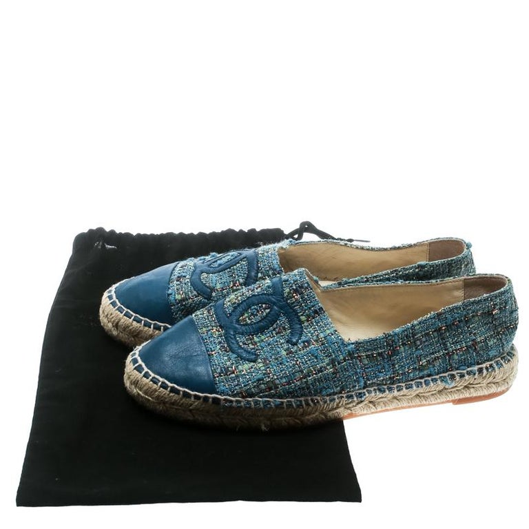 Chanel Blue Tweed With CC Leather Cap Toe Espadrilles Size 38 For Sale at  1stDibs