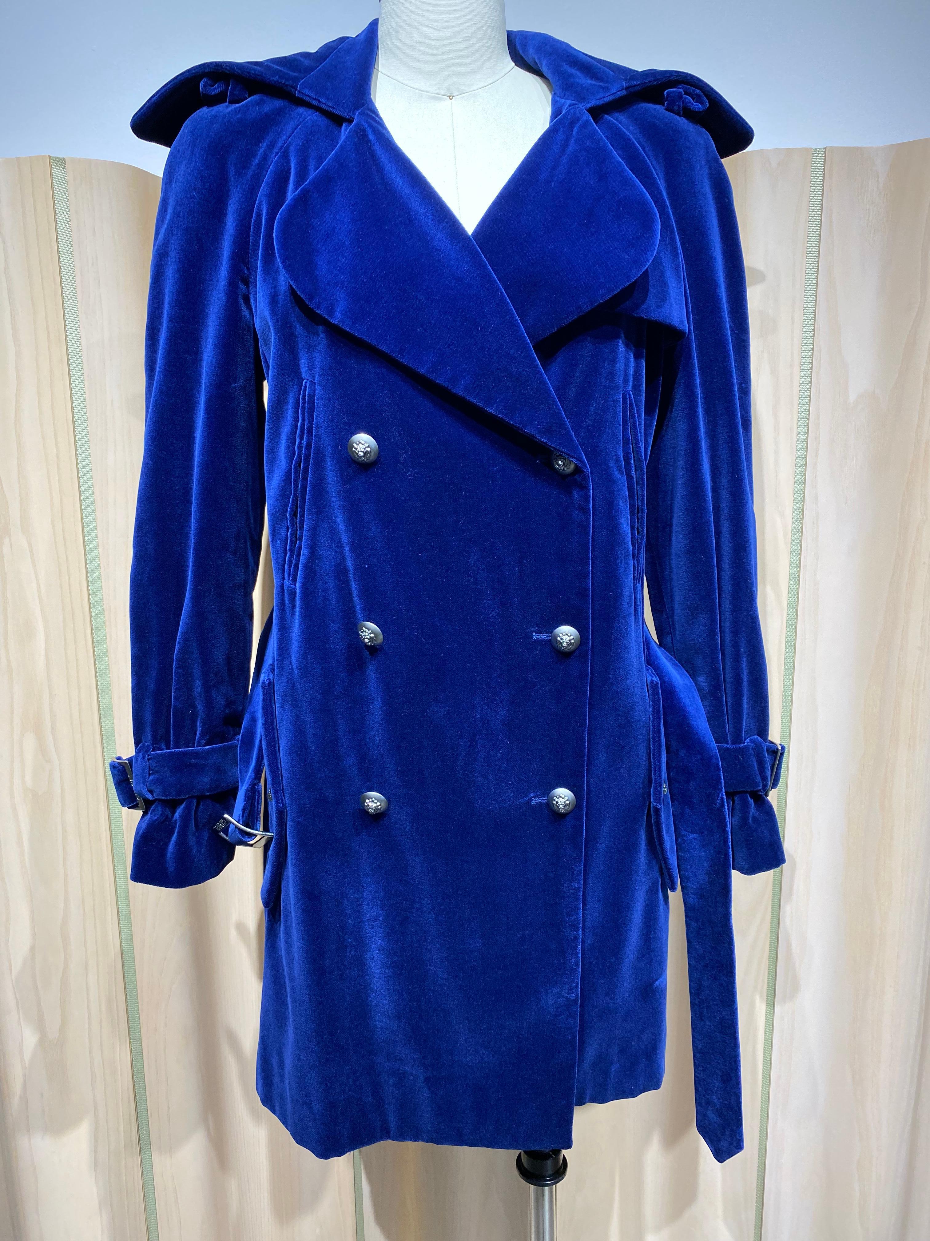 CHANEL Blue Velvet Double Breast Coat with Belt For Sale 4