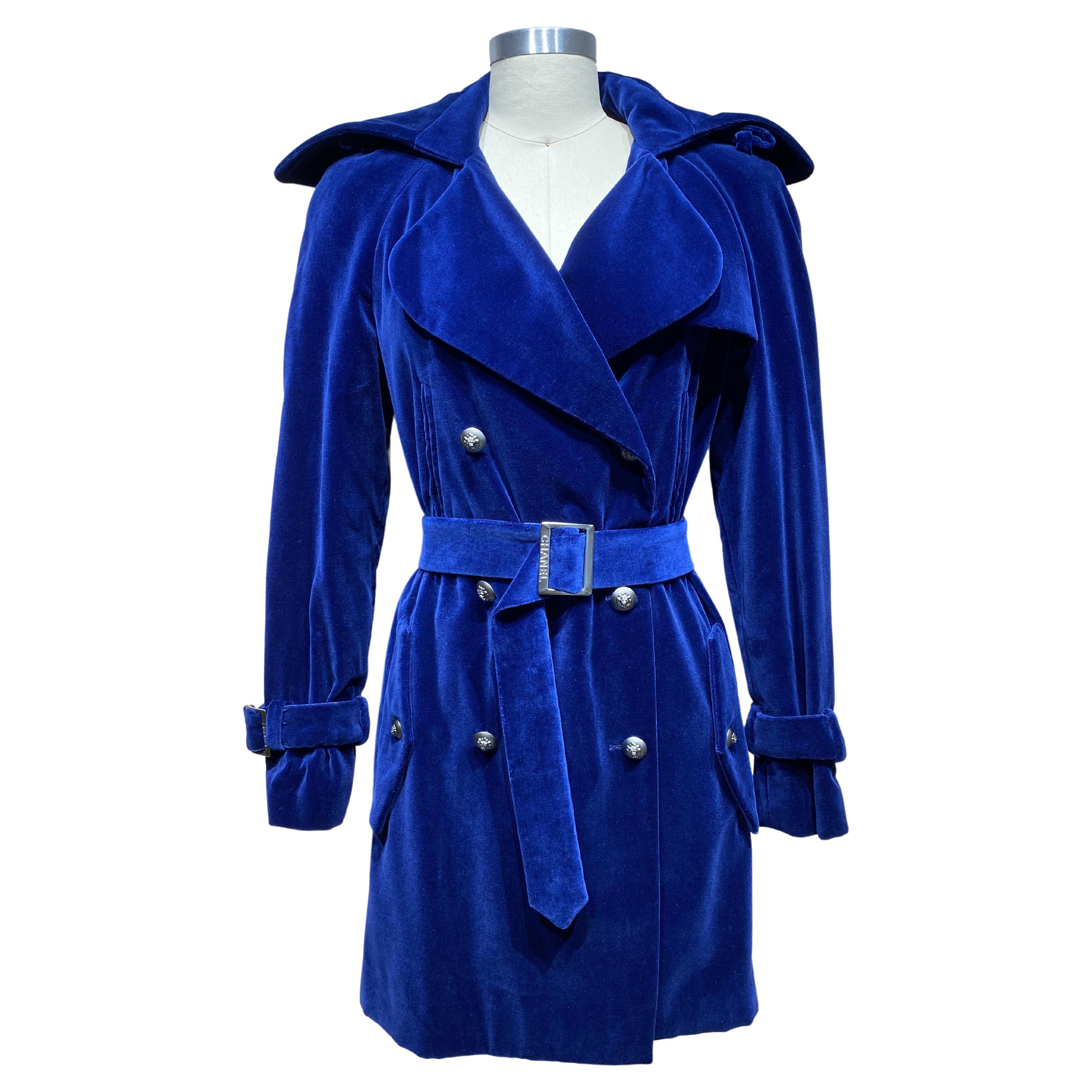 CHANEL Blue Velvet Double Breast Coat with Belt For Sale