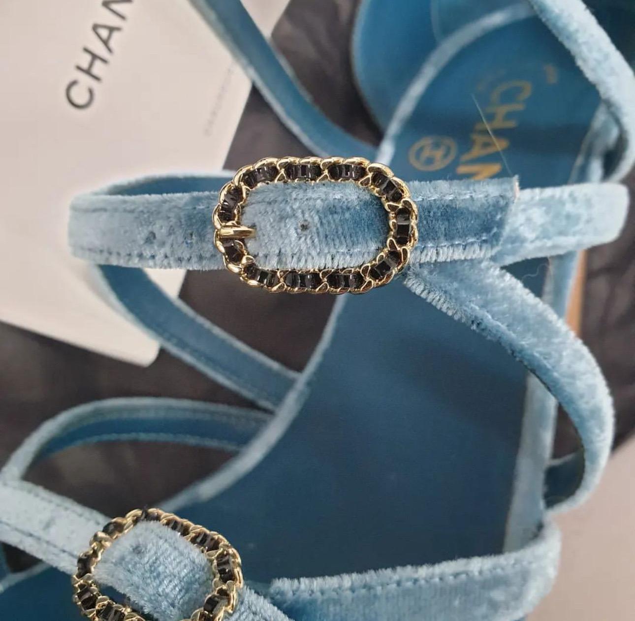 Women's Chanel Blue Velvet Sandals For Sale