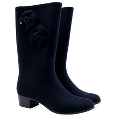 Used Chanel Blue Velvet Wellington Boots 38