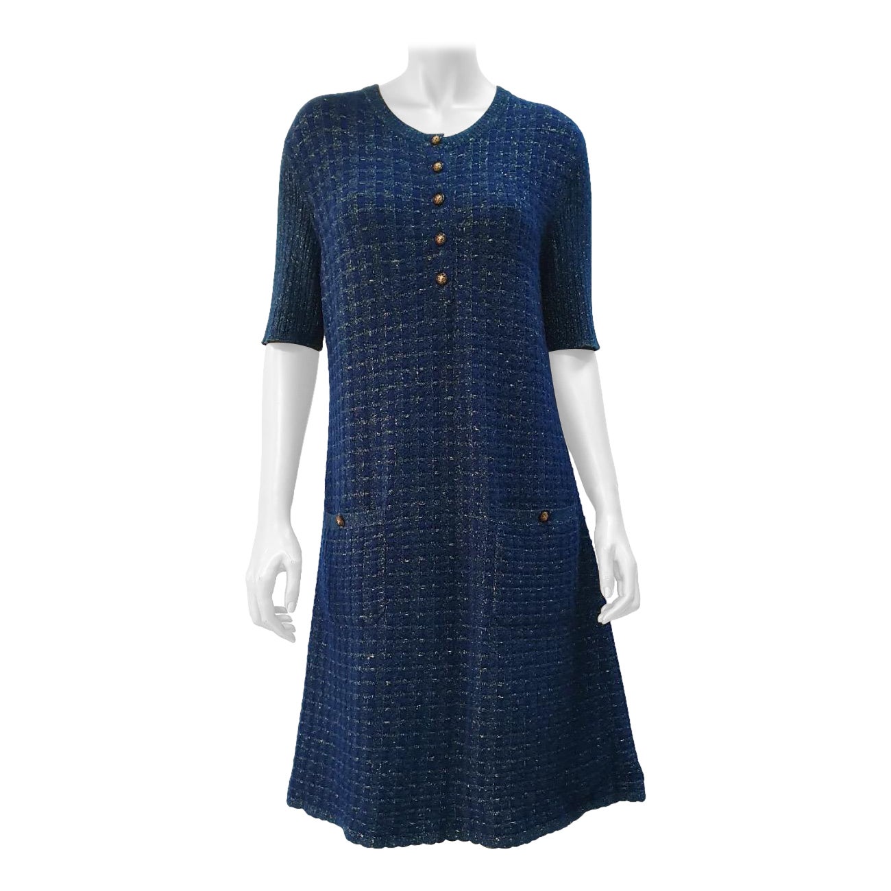 CHANEL Blau Viskose 2017 17A COSMOPOLITE Lerex Tweed Kleid Sz.44 im Angebot