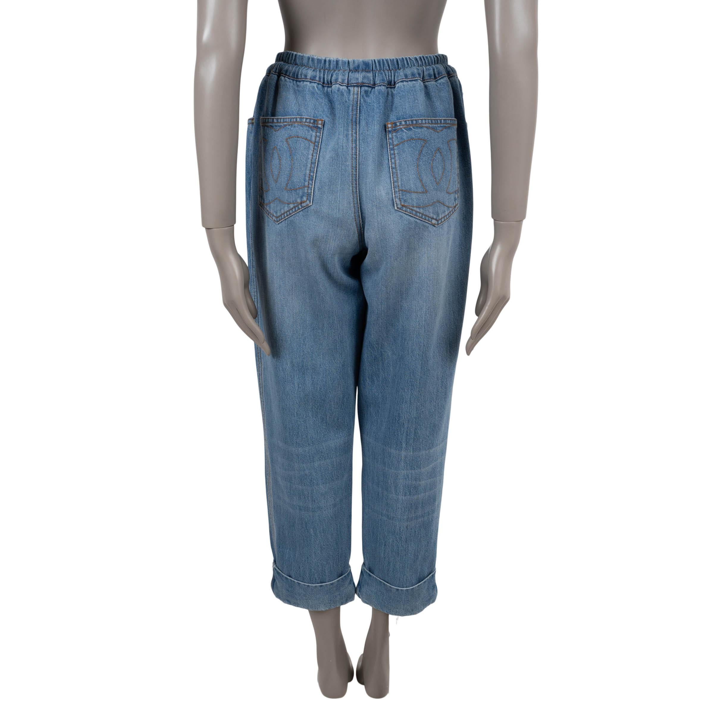 Gray CHANEL blue washed cotton 18A HAMBRUG DRAWSTRING Jeans Pants 40 M For Sale