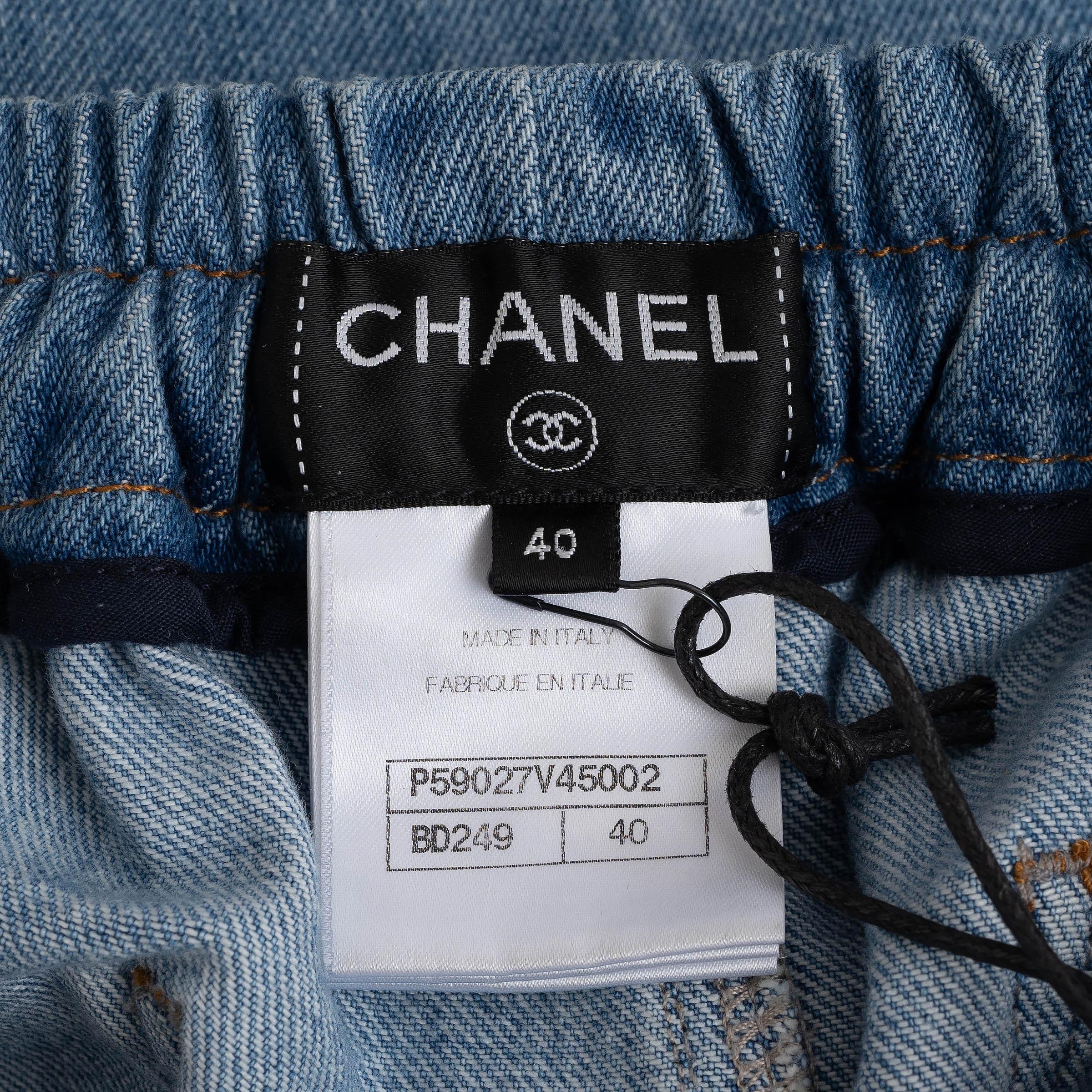 CHANEL blue washed cotton 18A HAMBRUG DRAWSTRING Jeans Pants 40 M For Sale 1