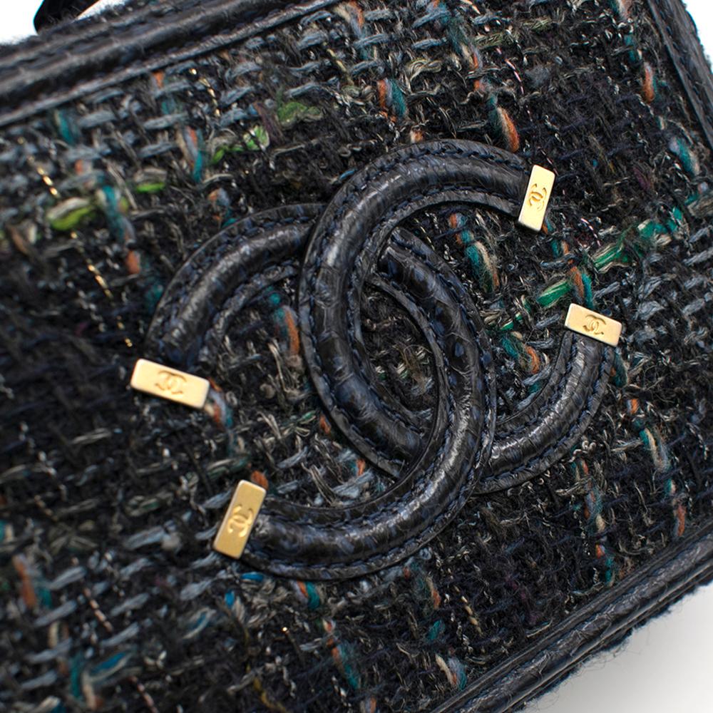 Black Chanel Blue Watersnake & Tweed CC Filigree Vanity Case Bag	