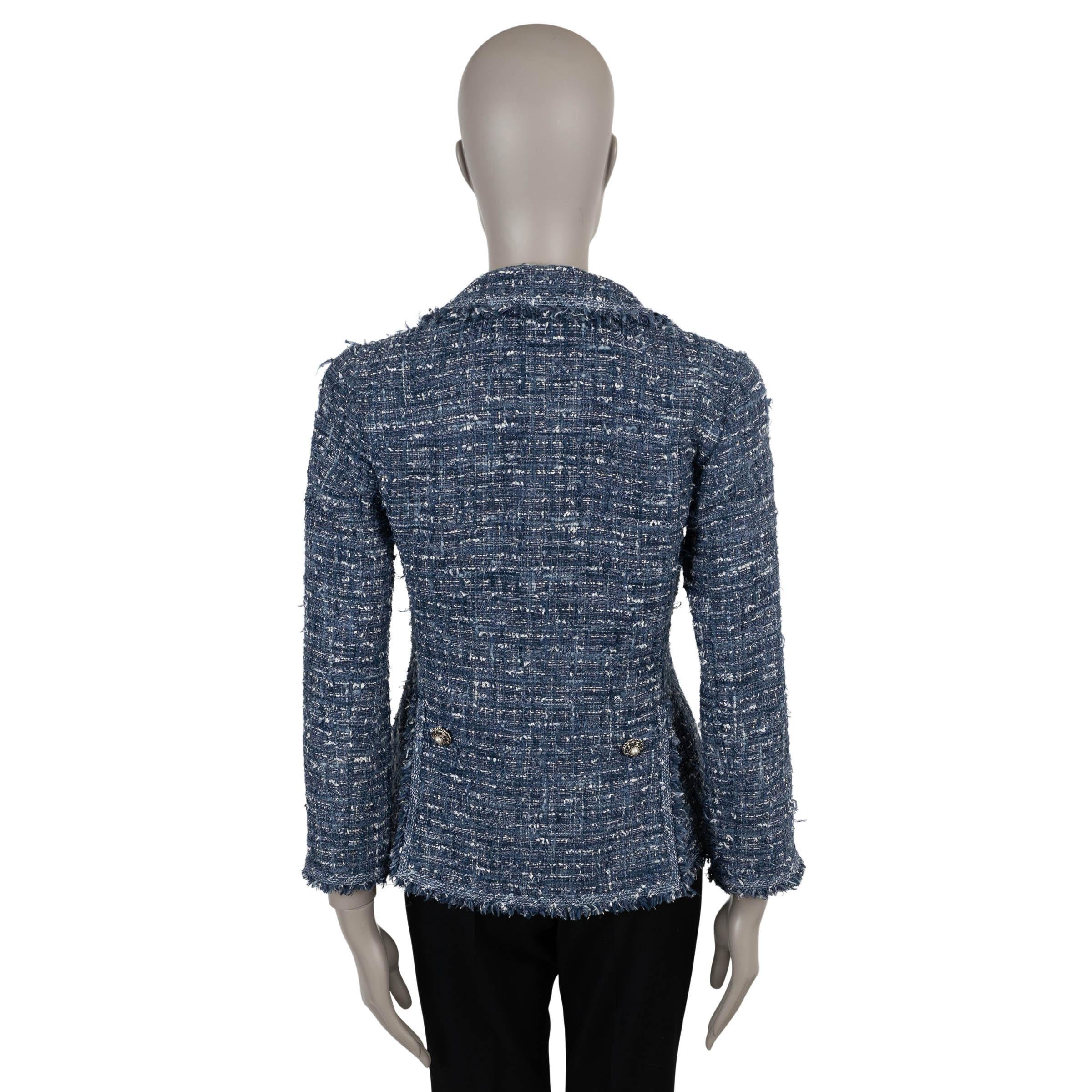 Black CHANEL blue white black 10P FRINGE TRIM TWEED Jacket 38 S For Sale