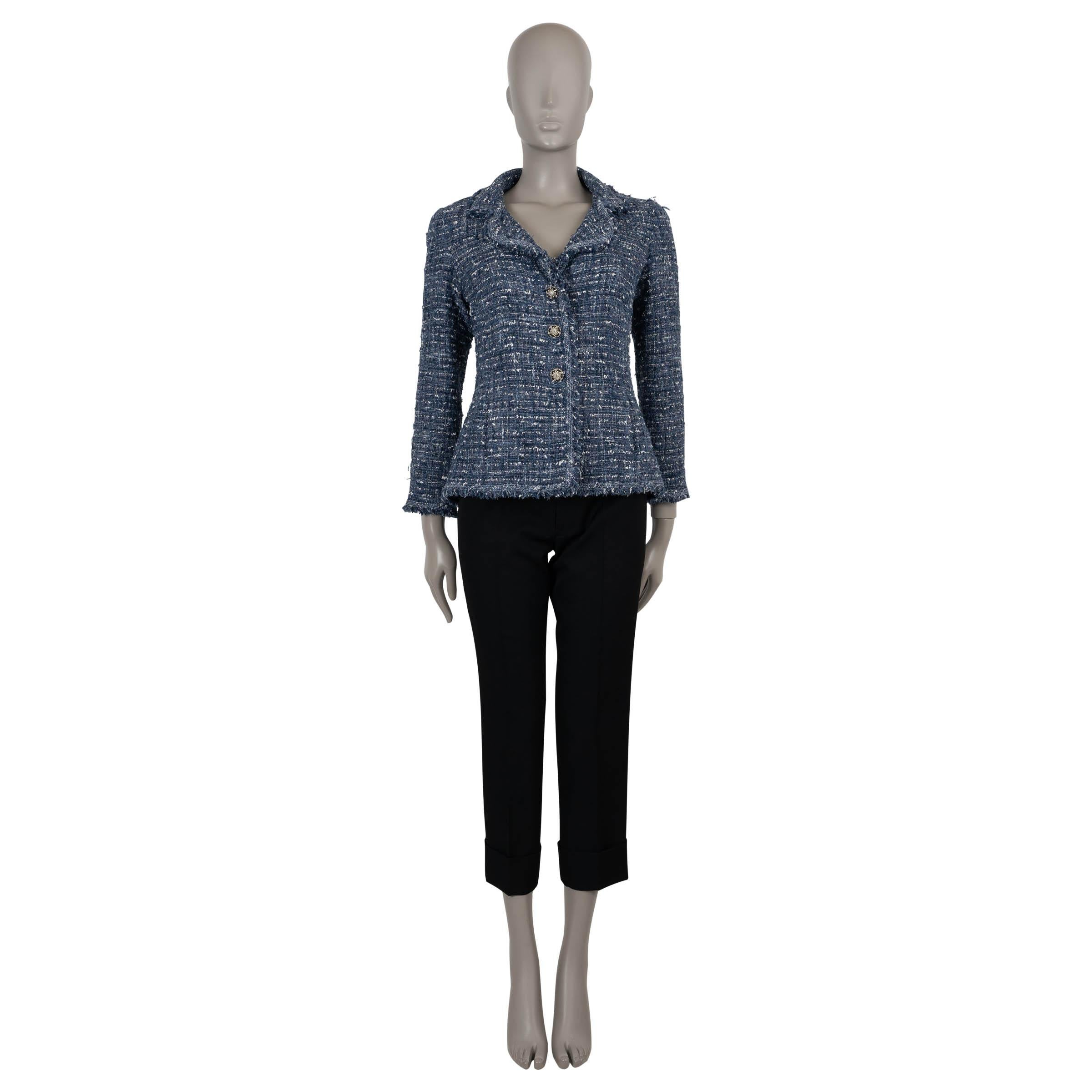 Women's CHANEL blue white black 10P FRINGE TRIM TWEED Jacket 38 S For Sale