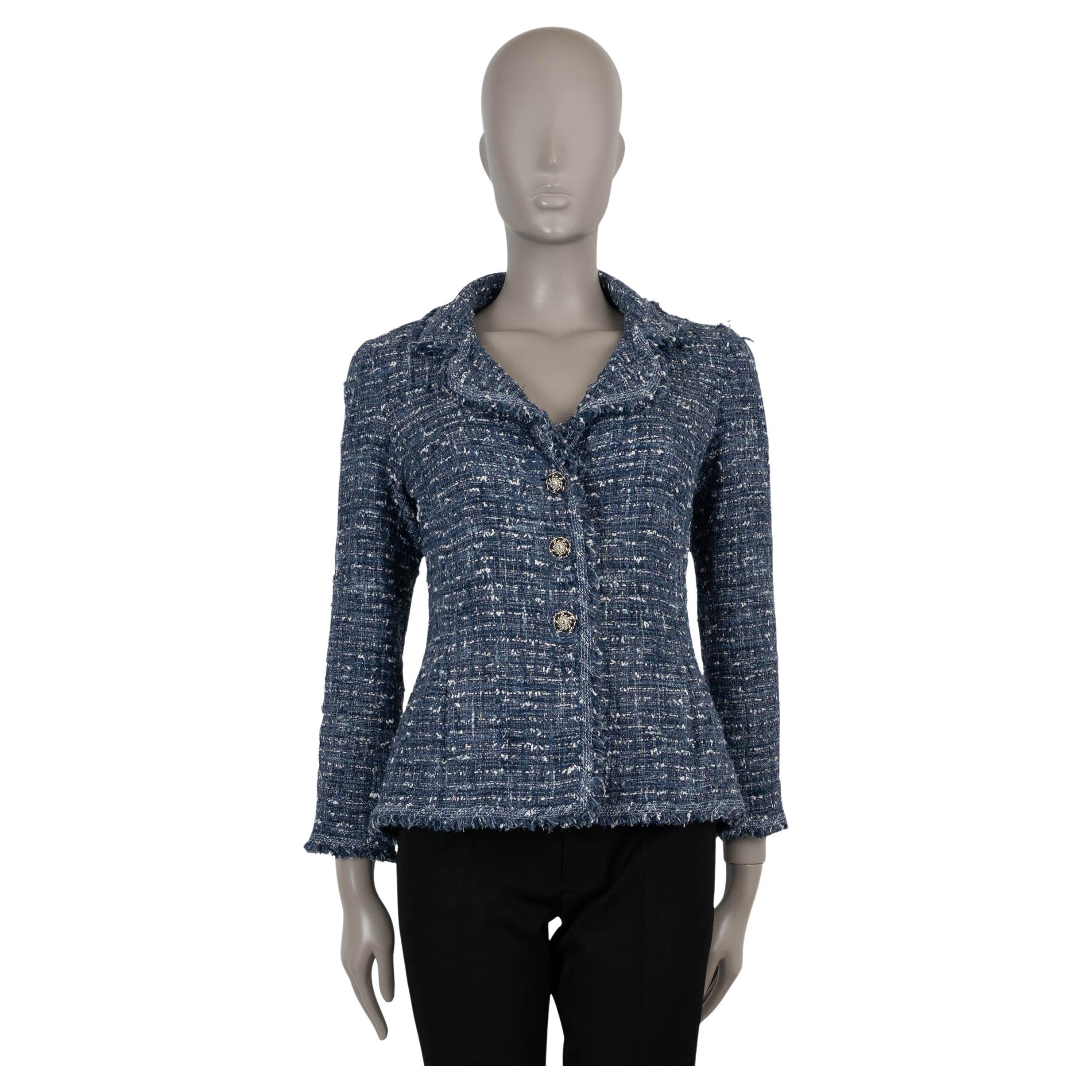 CHANEL blue white black 10P FRINGE TRIM TWEED Jacket 38 S For Sale