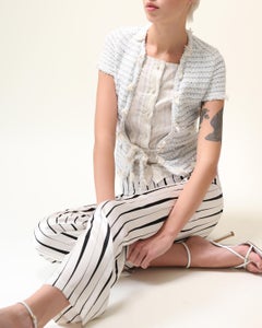 Chanel 2005 blue white black tweed silk stripe blouse dress jacket blazer 34